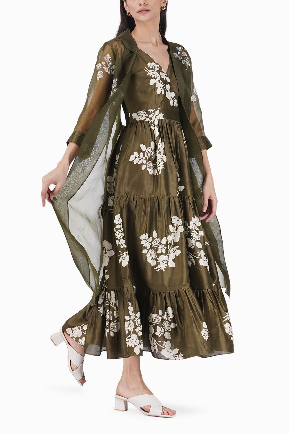 Ivy Petal Printed Olive Dress with Organza Jacket