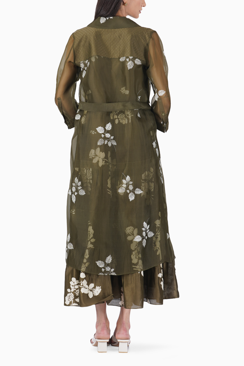 Ivy Petal Printed Olive Dress with Organza Jacket