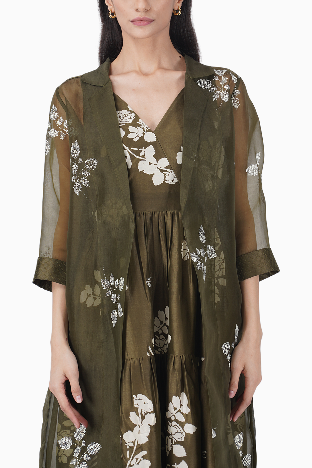 Ivy Petal Printed Olive Dress with Organza Jacket