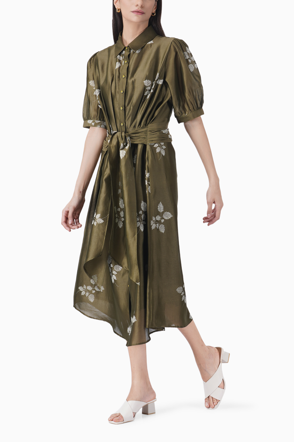 Olive Leaf Print Puff Sleeve Dress