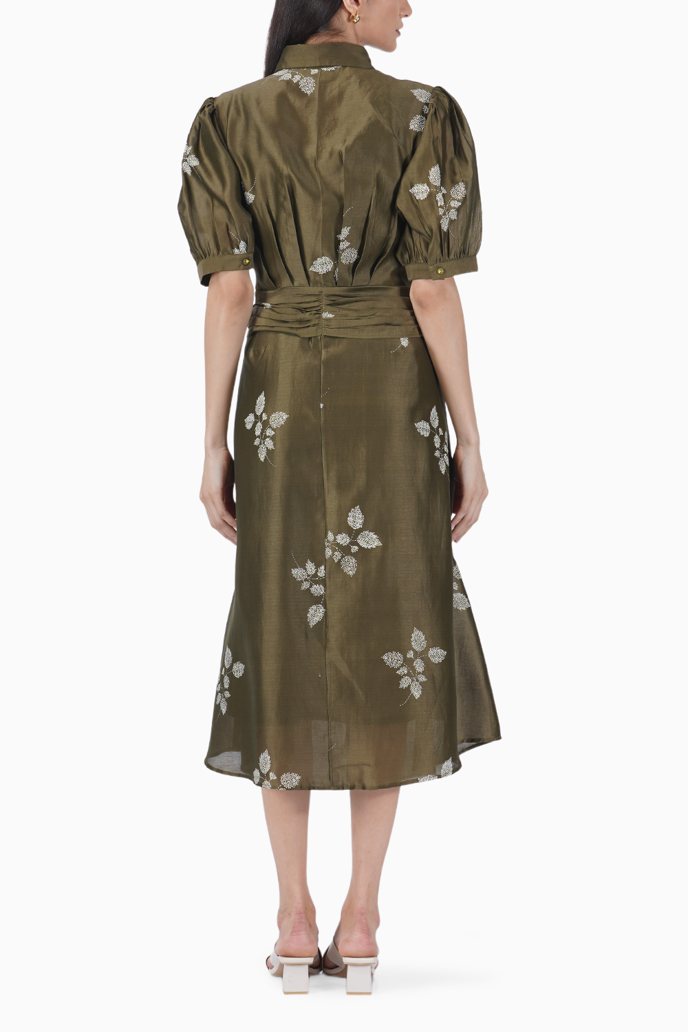 Olive Leaf Print Puff Sleeve Dress