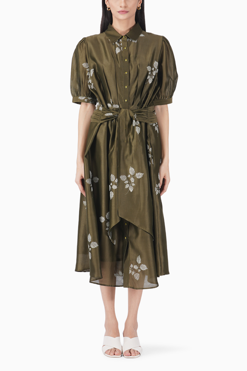 Olive Leaf Print Puff Sleeve Dress