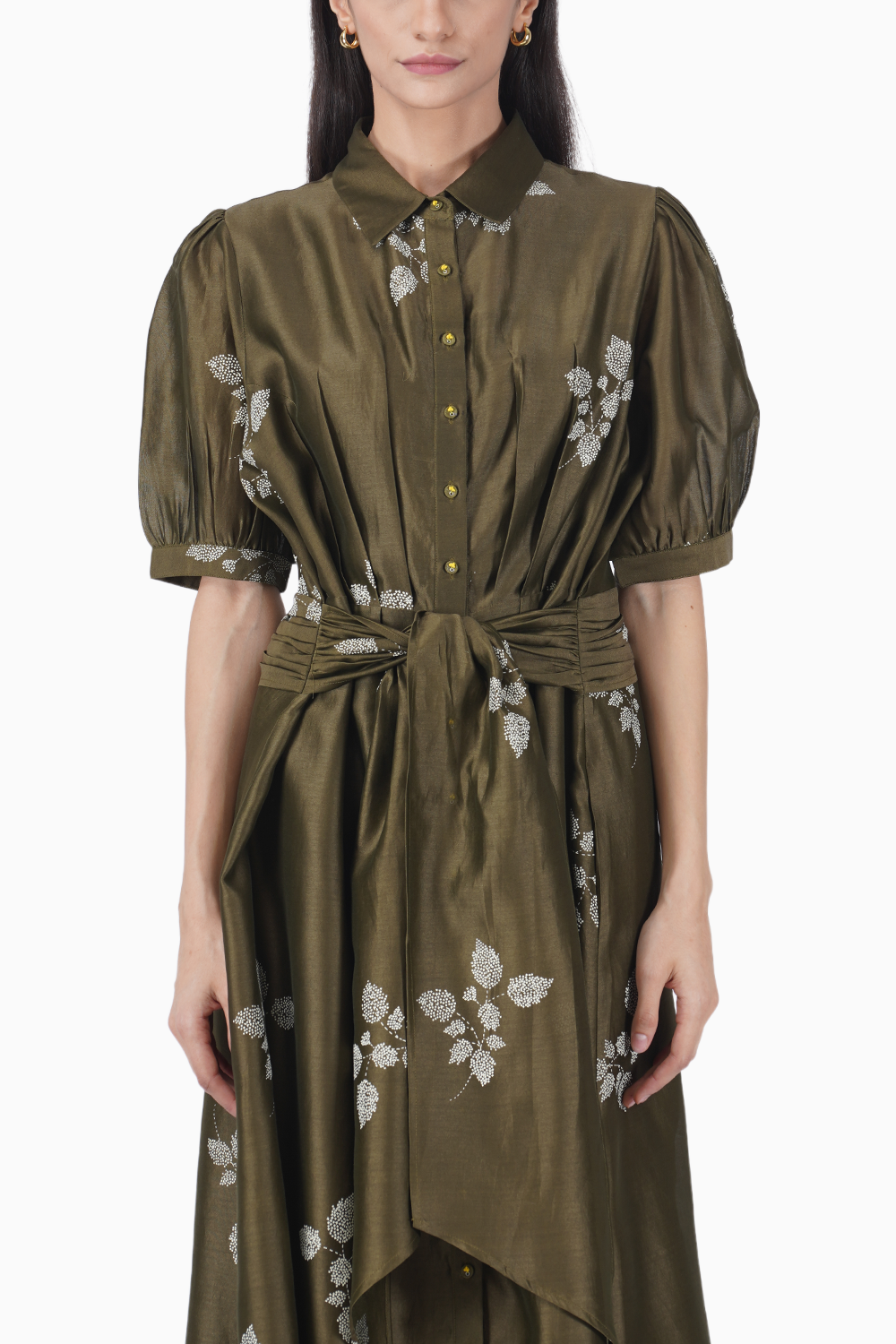 Olive Leaf Print Puff Sleeve Dress