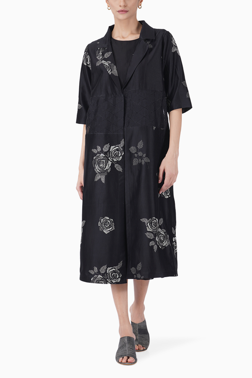 Monochrome Rose Print Waist Jacket with Black Jumpsuit