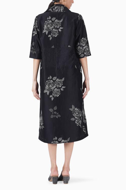 Monochrome Rose Print Waist Jacket with Black Jumpsuit