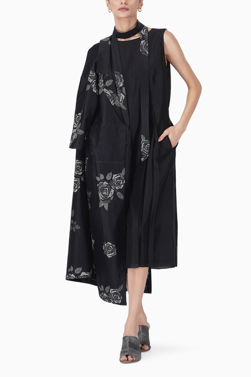 Monochrome Rose Print Waist Jacket with Black Jumpsuit