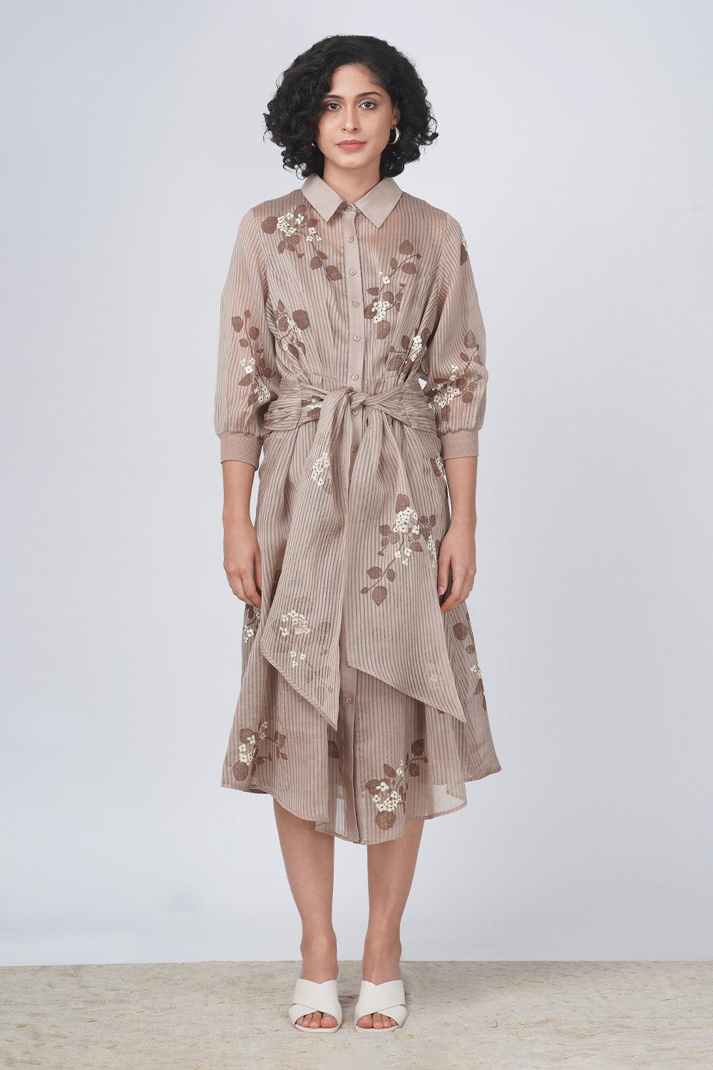 Sakura Printed Beige Tie Up Dress