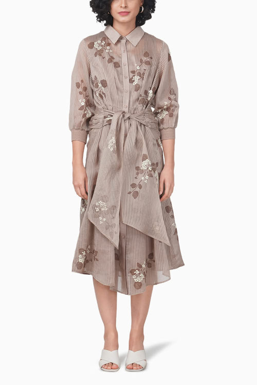 Sakura Printed Beige Tie Up Dress
