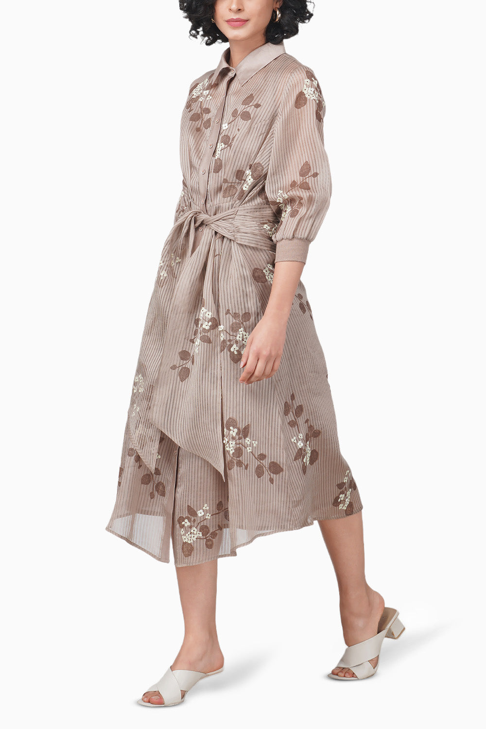 Sakura Printed Beige Tie Up Dress