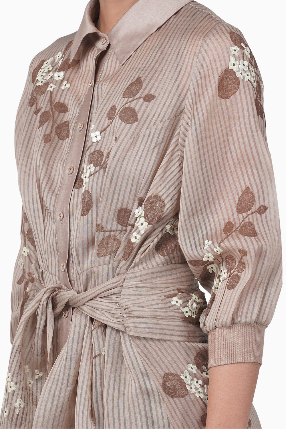 Sakura Printed Beige Tie Up Dress