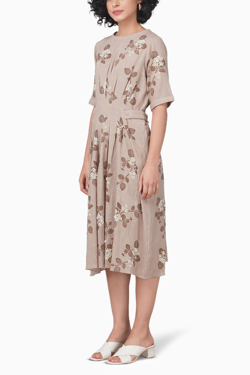 Sakura Printed Pleated Beige Dress