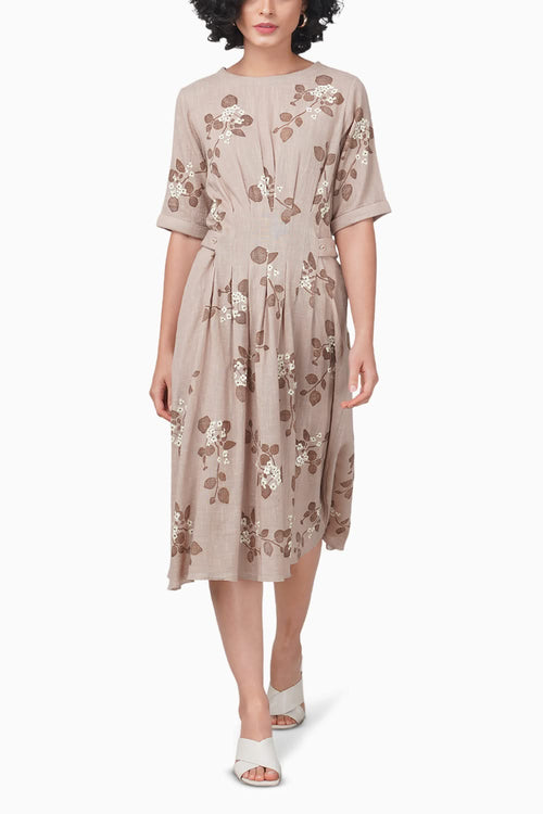 Sakura Printed Pleated Beige Dress