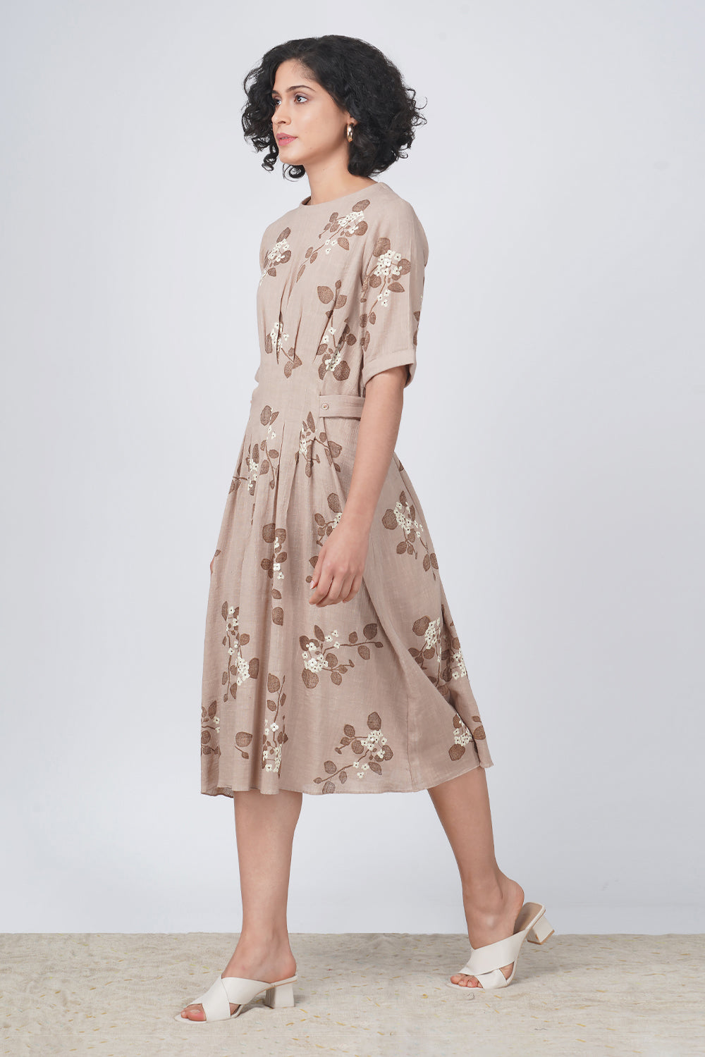 Sakura Printed Pleated Beige Dress