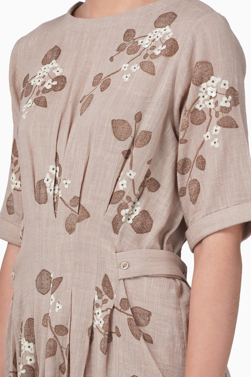 Sakura Printed Pleated Beige Dress