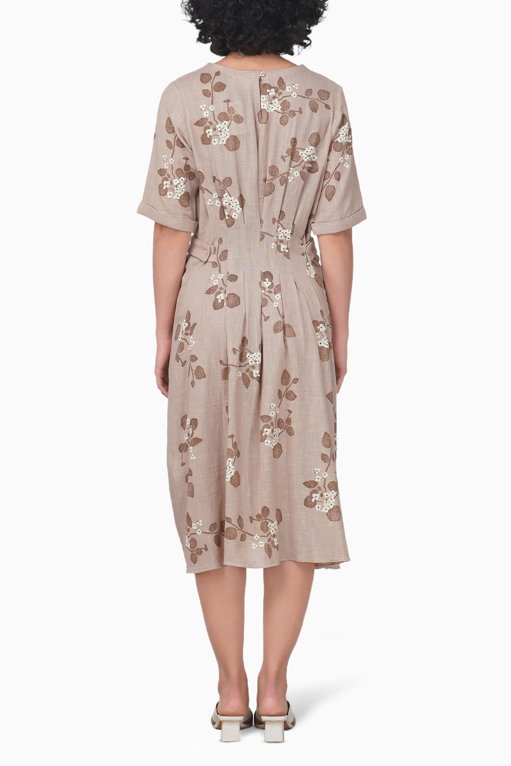 Sakura Printed Pleated Beige Dress