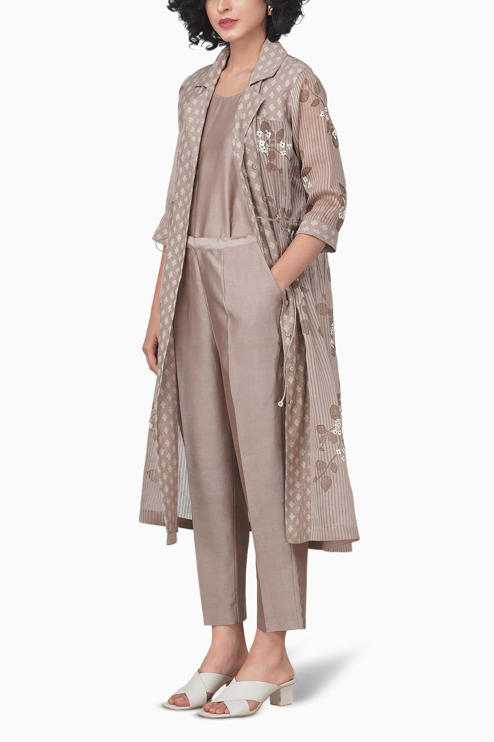 Sakura Printed Beige Jakcet and Pants