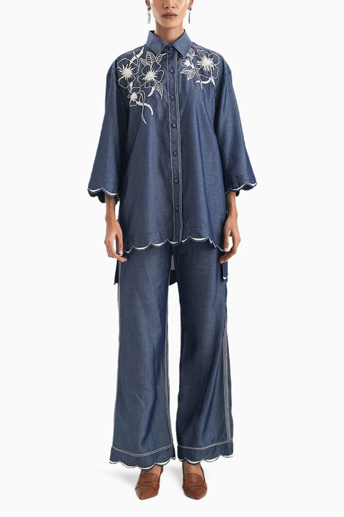 Parisy Blue Scallop Embroidery Denim Co-ord Set