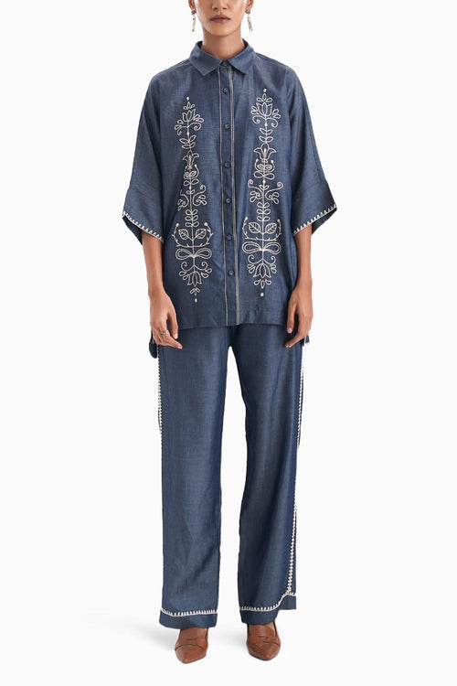 Le Fleuron Blue Embroidery Denim Co-ord Set