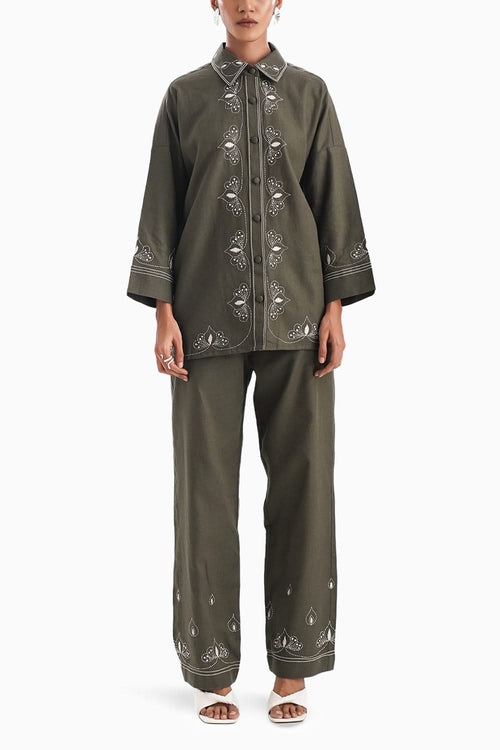 La Palmette Olive Embroidery Co-ord Set