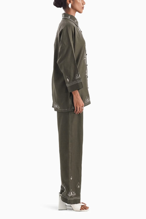 La Palmette Olive Embroidery Co-ord Set