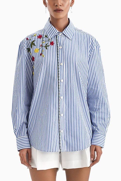 La Jacinthe Blue Stripe Embroidery Shirt