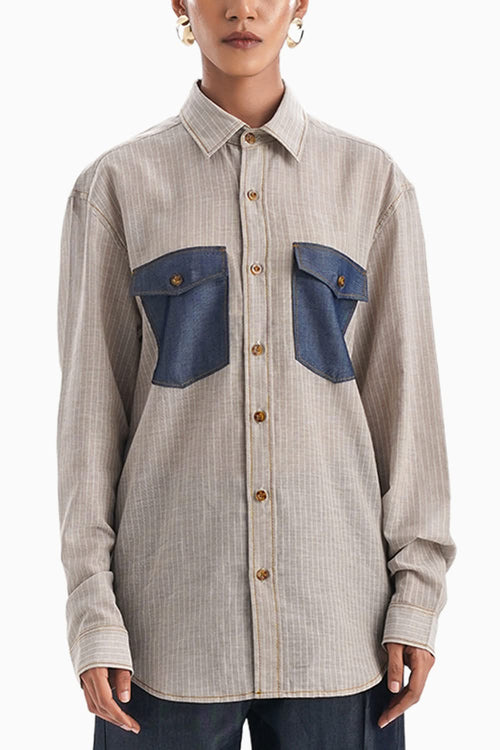 Parisy Denim Pocket Fawn Stripe Shirt