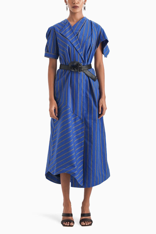 Les Facettes Draped Blue Stripe Dress