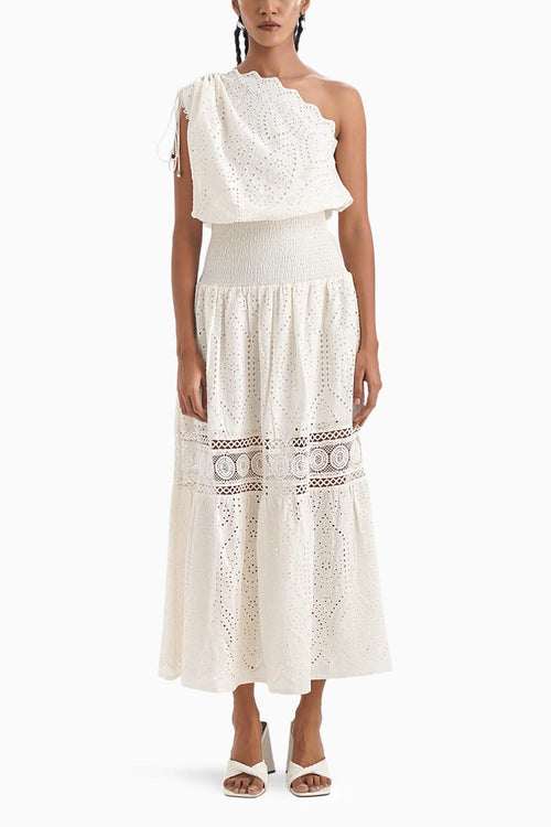 Ivory one-shoulder Self Eyelet Embroidery Dress