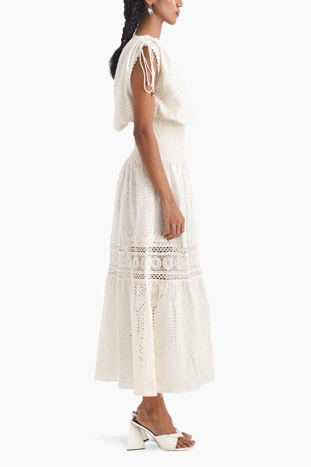 Ivory one-shoulder Self Eyelet Embroidery Dress