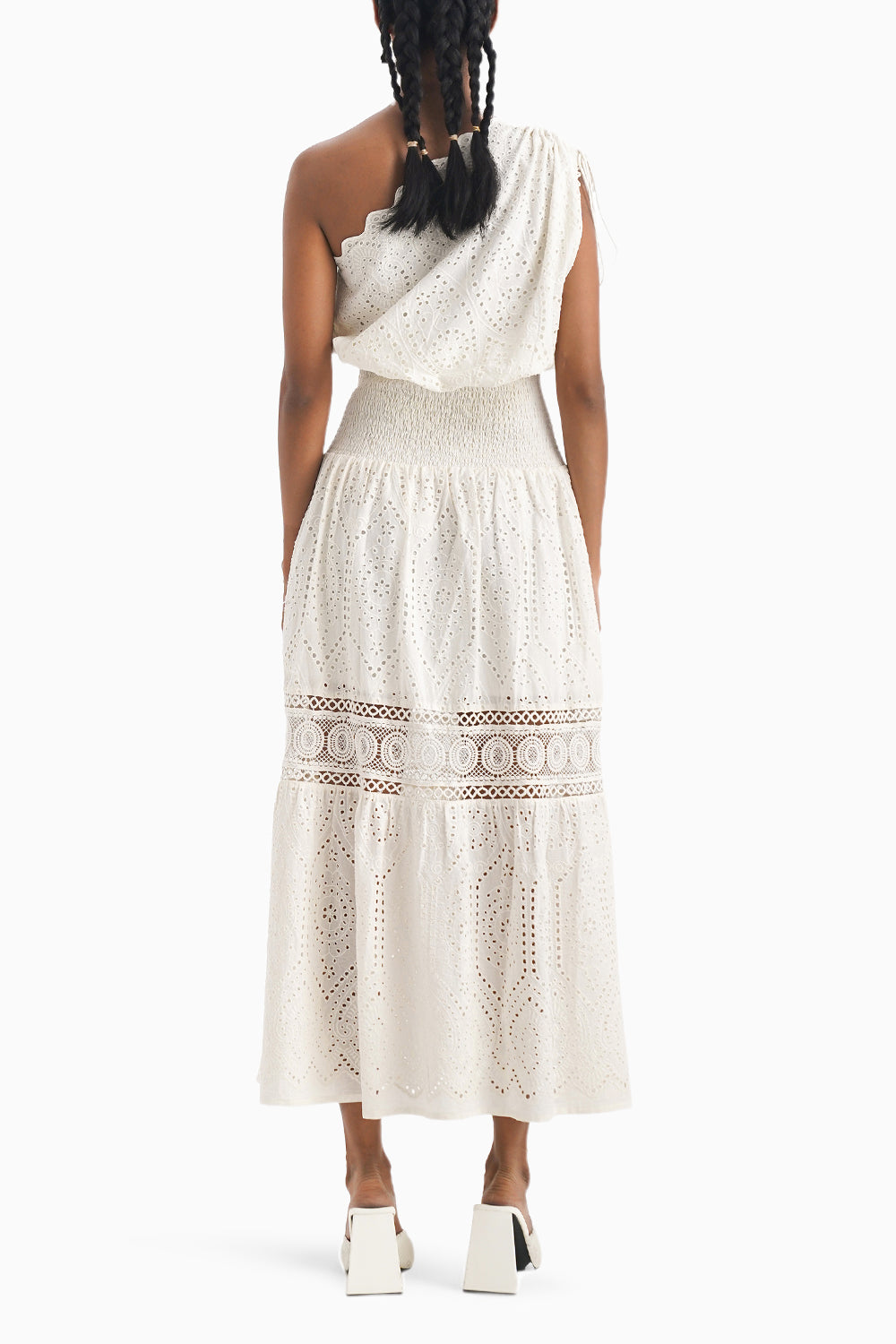 Ivory one-shoulder Self Eyelet Embroidery Dress