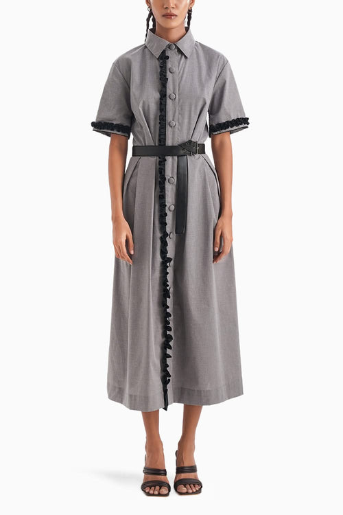 La Soiree Grey Rufflled Midi Dress