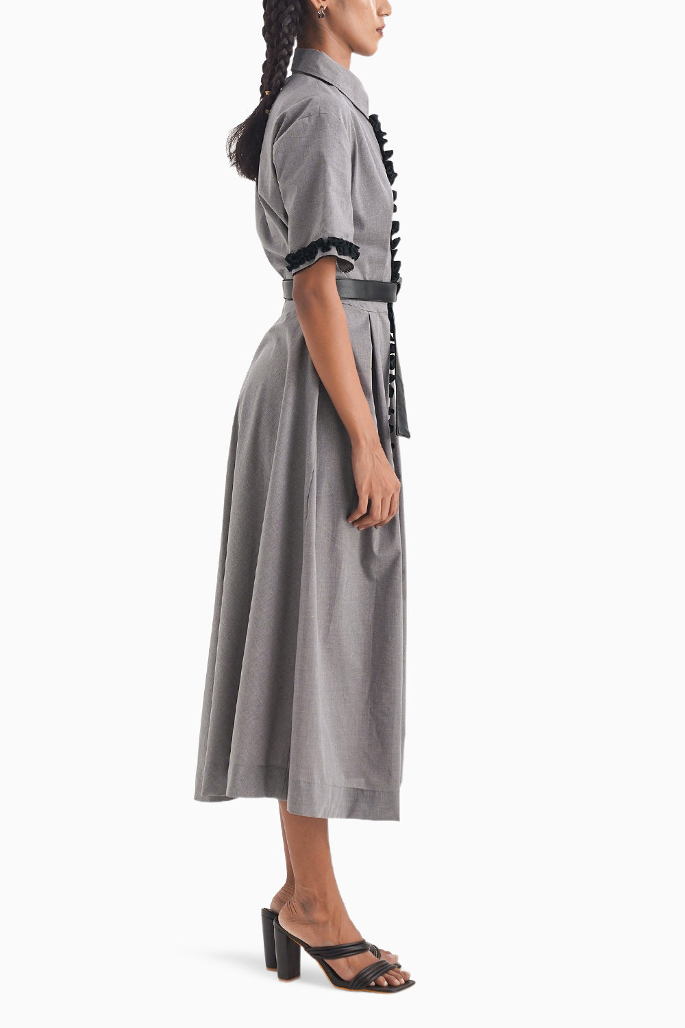 La Soiree Grey Rufflled Midi Dress