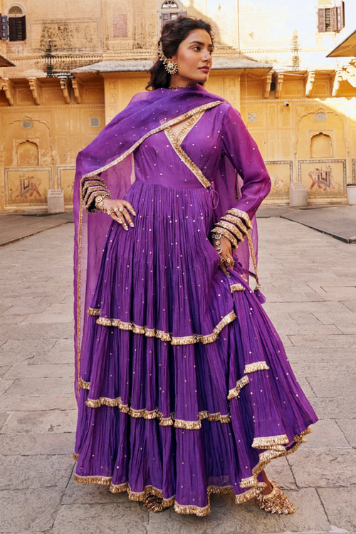 Imperial Purple Tiered Angrakha with Dupatta