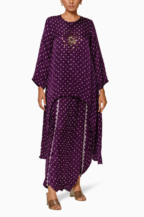 Purple Asymmetrical Overlap Dhoti Set