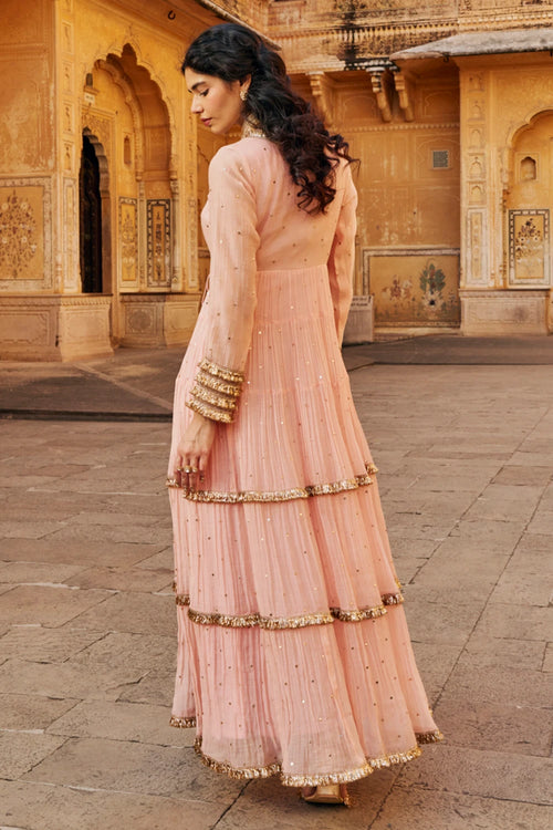 Vintage Blush Tiered Angrakha with Dupatta