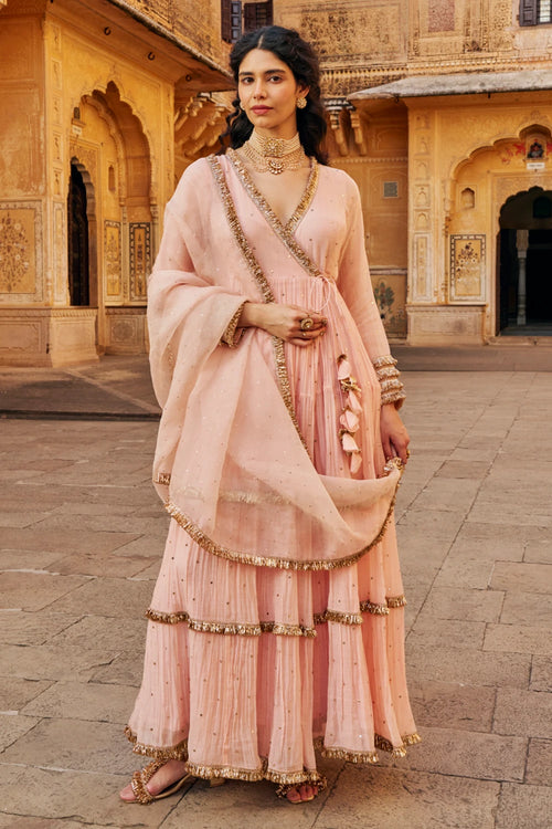 Vintage Blush Tiered Angrakha with Dupatta