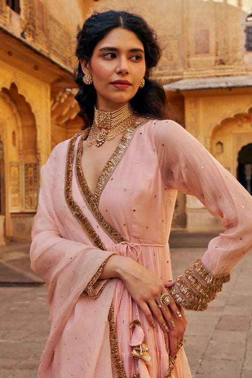 Vintage Blush Tiered Angrakha with Dupatta