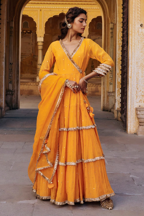 Saffron Tiered Angrakha with Dupatta