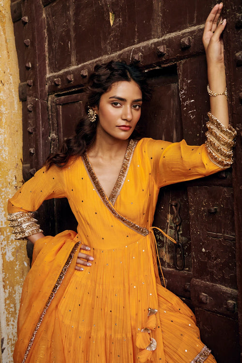 Saffron Tiered Angrakha with Dupatta