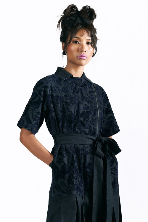 Velvet Blossom Belted Midi Dress