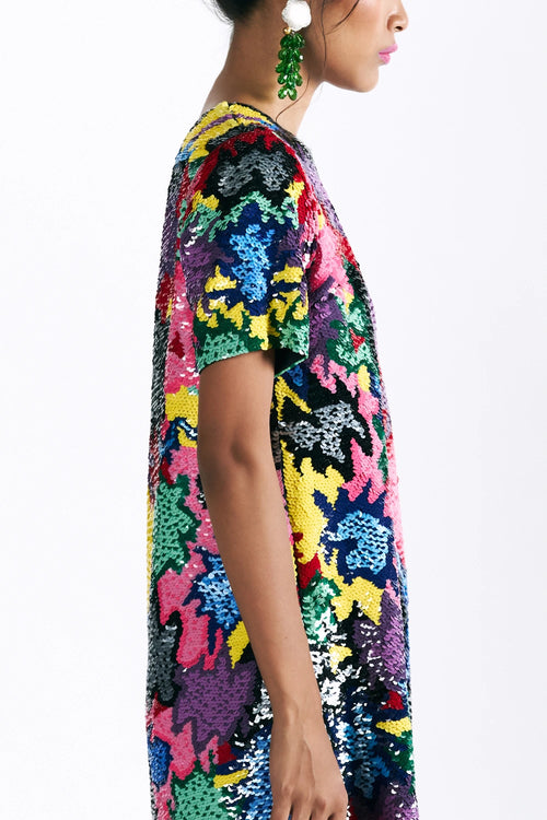 Mosaic Peonies Sequin Dress