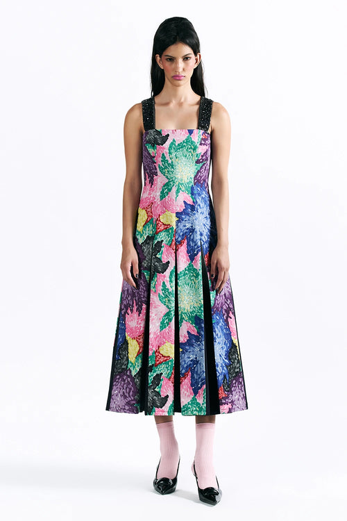Mosaic Peonies Box Pleat Midi Dress