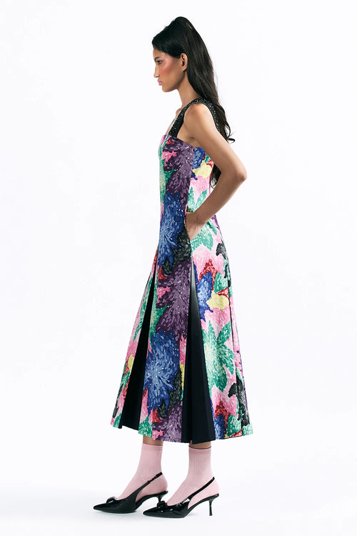 Mosaic Peonies Box Pleat Midi Dress