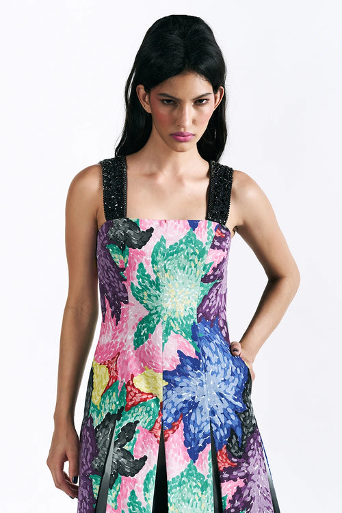 Mosaic Peonies Box Pleat Midi Dress