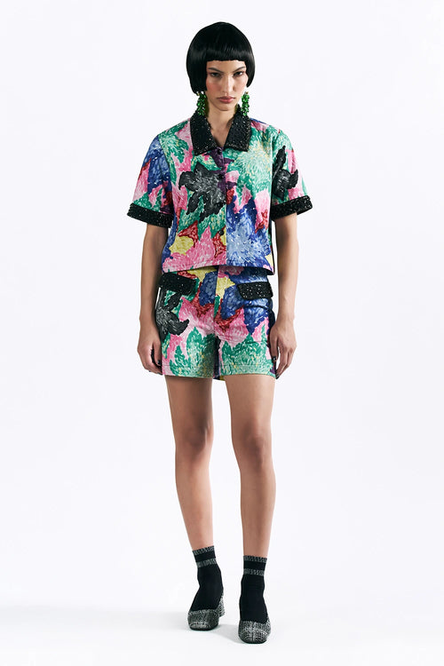 Mosaic Peonies Cropped Shirt