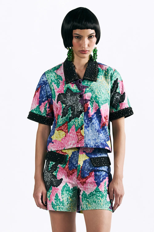 Mosaic Peonies Cropped Shirt