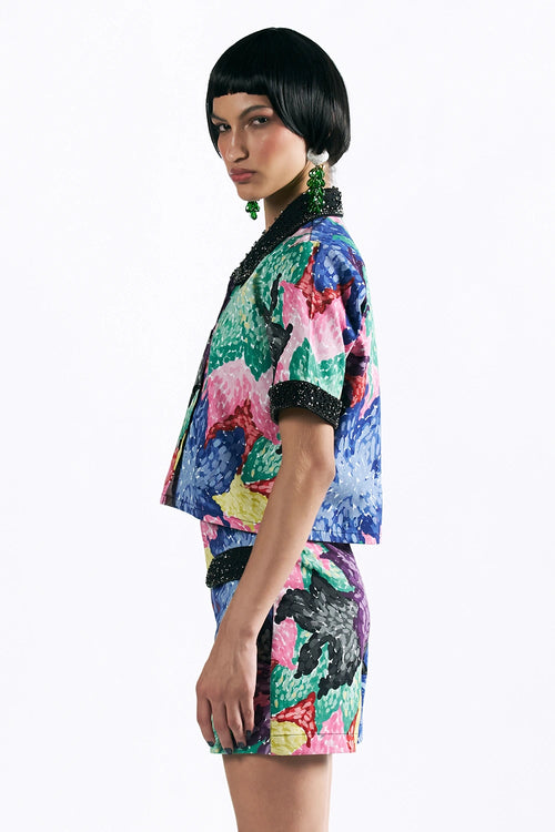 Mosaic Peonies Cropped Shirt