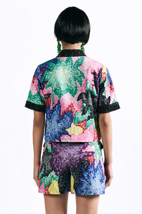 Mosaic Peonies Cropped Shirt