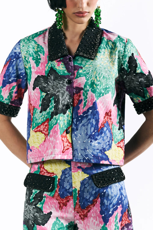 Mosaic Peonies Cropped Shirt