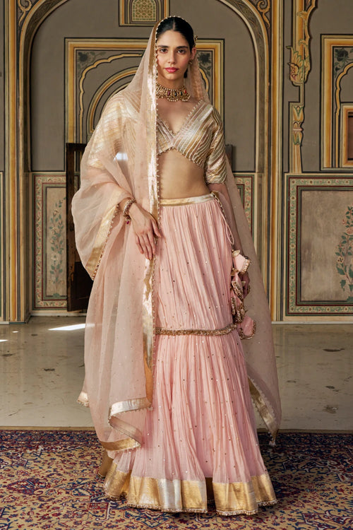 Vintage Blush Tri-Color Fish Cut Lehenga